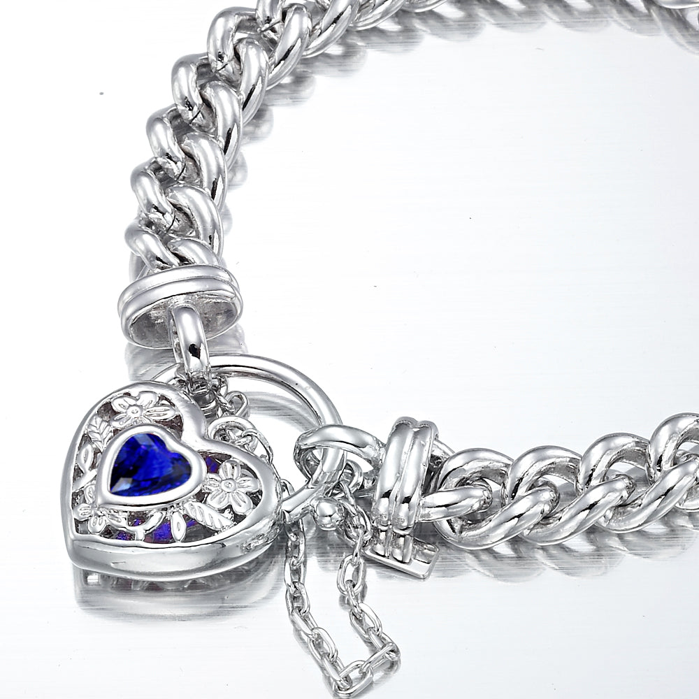 925 Sterling Silver Plated Euro Chain Bracelet with a Dark Blue Filigree Locket - USA Made-1